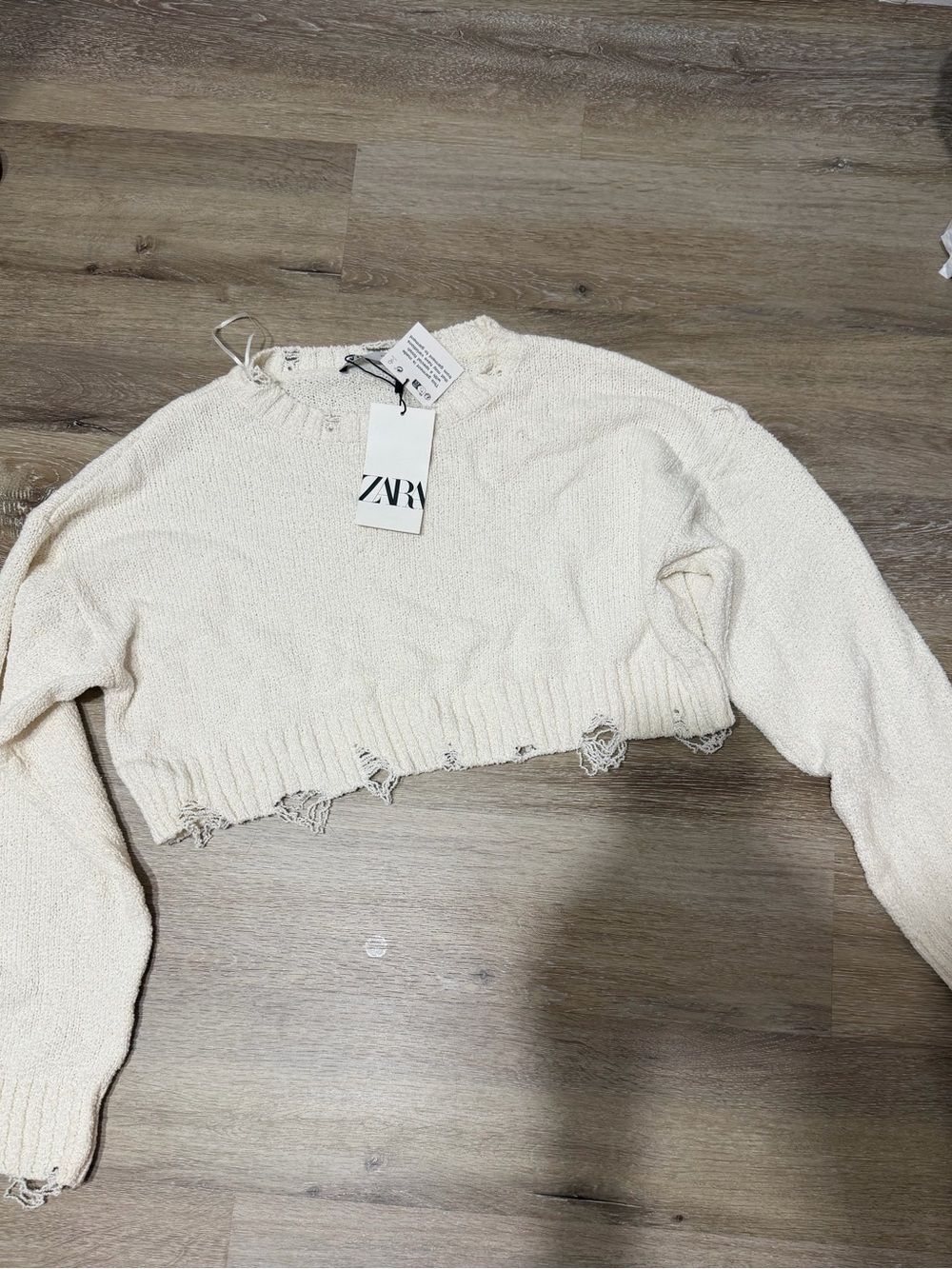 ZARA Cream Distressed Cropped Crewneck Sweater
